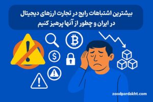 زودپرداخت-zoodpardakht/اشتباهات رایج در معاملات ارز دیجیتال در ایران و روش‌های پیشگیری – تصویر هشدار با شخصیت نگران