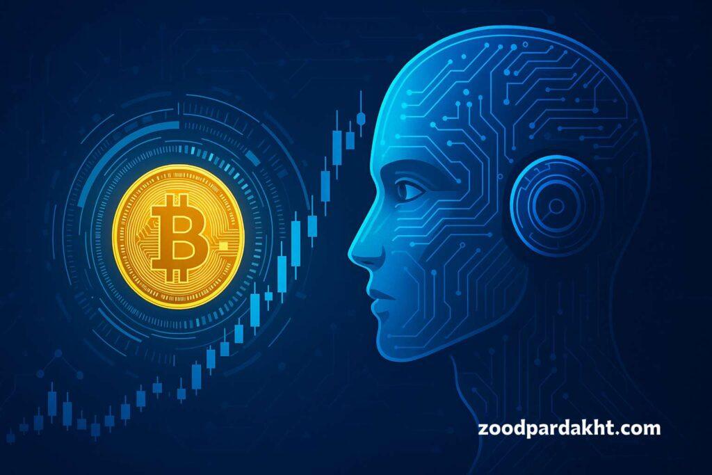 زودپرداخت-zoodpardakht/چهره رباتیک هوش مصنوعی در حال تحلیل بیت‌کوین و نمودار بازار رمزارز