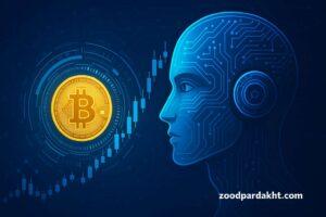زودپرداخت-zoodpardakht/چهره رباتیک هوش مصنوعی در حال تحلیل بیت‌کوین و نمودار بازار رمزارز