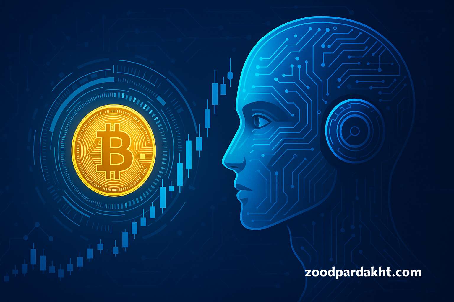 زودپرداخت-zoodpardakht/چهره رباتیک هوش مصنوعی در حال تحلیل بیت‌کوین و نمودار بازار رمزارز