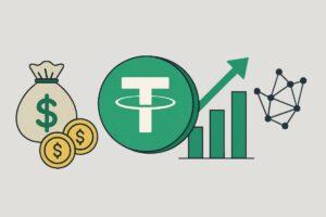 زودپرداخت-zoodpardakht/نشان تتر (USDT) در کنار کیسه دلار، نمودار رشد و نماد شبکه بلاکچین