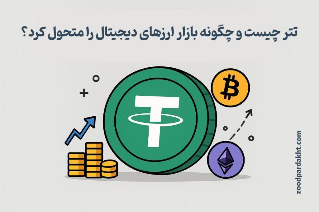 زودپرداخت-zoodpardakht/تصویری از تتر (USDT) در کنار بیت‌کوین، اتریوم و نمودار رشد با عنوان «تتر چیست و چگونه بازار ارزهای دیجیتال را متحول کرد؟»
