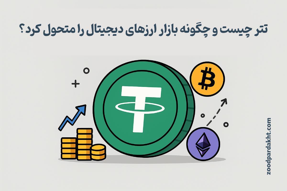 زودپرداخت-zoodpardakht/تصویری از تتر (USDT) در کنار بیت‌کوین، اتریوم و نمودار رشد با عنوان «تتر چیست و چگونه بازار ارزهای دیجیتال را متحول کرد؟»
