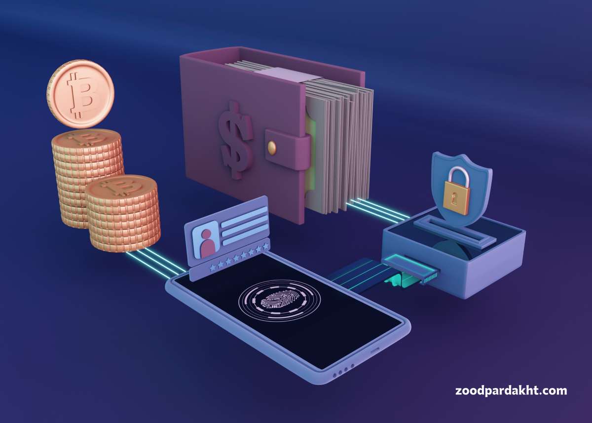 زودپرداخت-zoodpardakht/تصویر سهبعدی از کیف پول دیجیتال، کوینهای رمزارز و سیستم احراز هویت بیومتریک