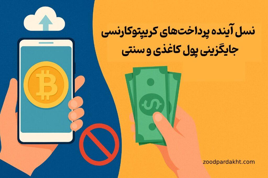 زودپرداخت-zoodpardakht/پرداخت با رمزارز در برابر پول نقد – تصویری از تلفن هوشمند با نماد بیت‌کوین در کنار اسکناس سنتی