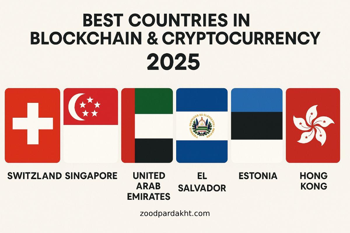 زودپرداخت-zoodpardakht/پرچم کشورهای پیشرو در حوزه بلاکچین و رمزارزها در سال ۲۰۲۵ شامل سوئیس، سنگاپور، امارات متحده عربی، ال‌سالوادور، استونی و هنگ‌کنگ