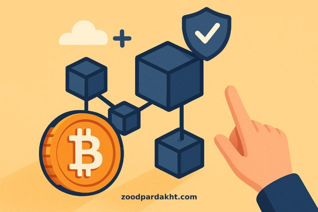 زودپرداخت-zoodpardakht/تصویر شماتیک از بیت‌کوین، بلاکچین و امنیت با نماد سپر تأیید شده