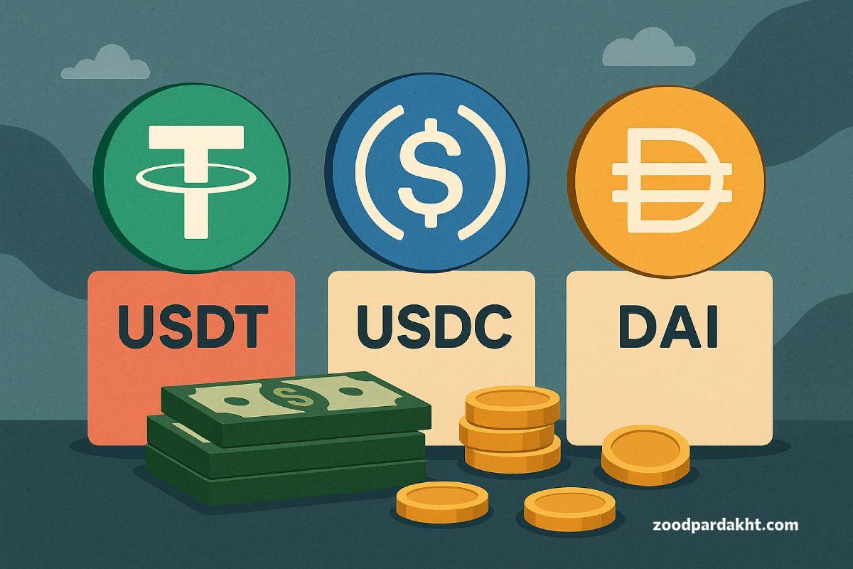 زودپرداخت-zoodpardakht/مقایسه سه استیبل‌کوین اصلی: USDT، USDC و DAI به همراه نمادهای گرافیکی و نماد دلار و سکه