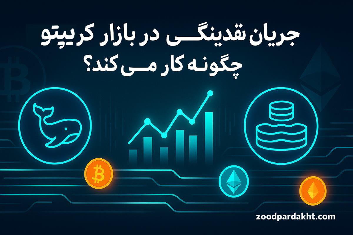زودپرداخت-zoodpardakht/نمای گرافیکی جریان نقدینگی در بازار کریپتو با نماد نهنگ، چارت قیمتی، بیت‌کوین و اتریوم در پس‌زمینه‌ای نئونی