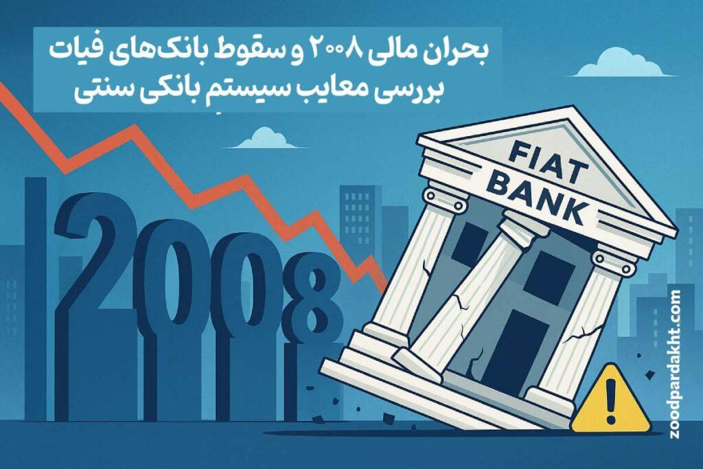 زودپرداخت-zoodpardakht/تصویر نمادین از بحران مالی ۲۰۰۸ و سقوط بانک‌های فیات با نمودار نزولی و ساختمان بانک ترک‌خورده.