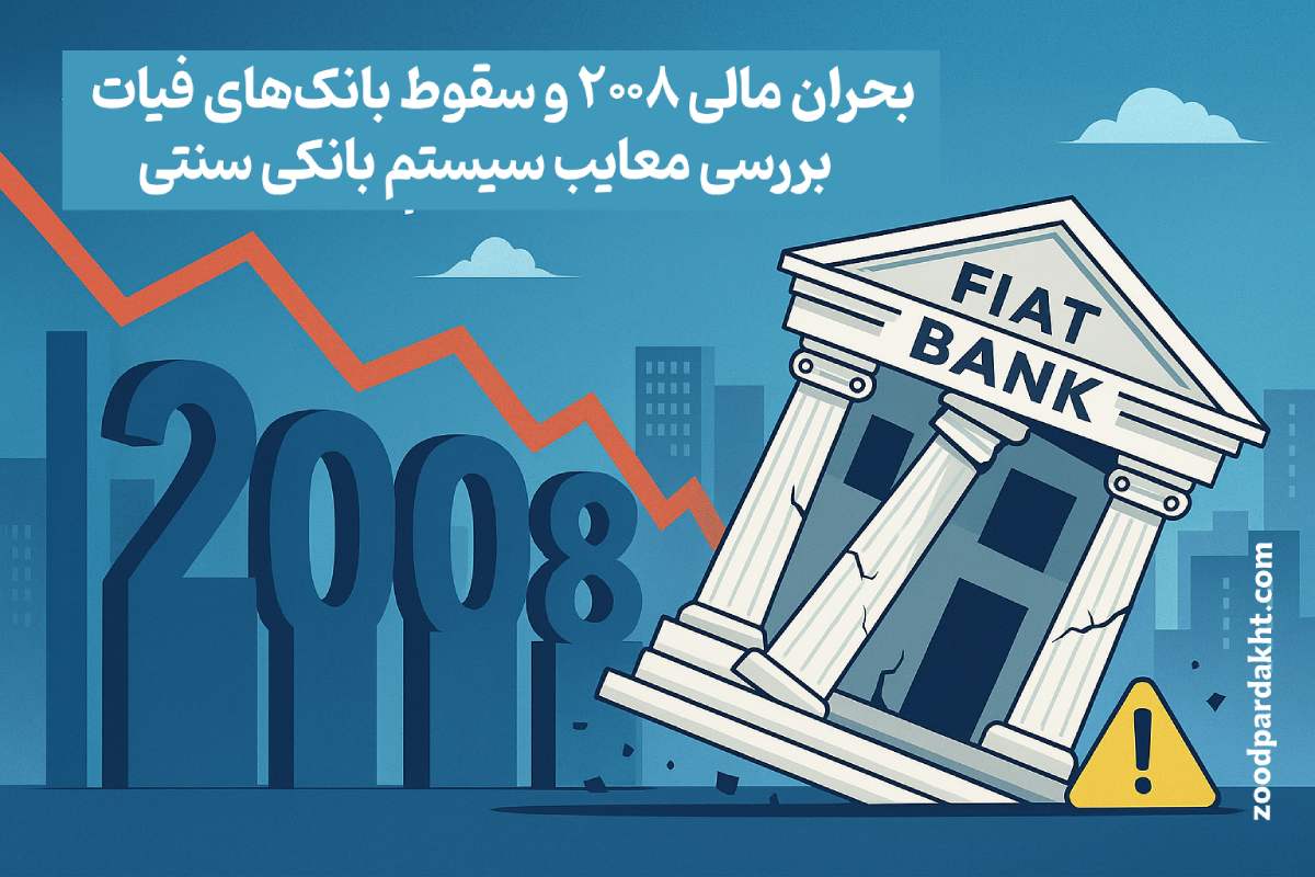 زودپرداخت-zoodpardakht/تصویر نمادین از بحران مالی ۲۰۰۸ و سقوط بانک‌های فیات با نمودار نزولی و ساختمان بانک ترک‌خورده.