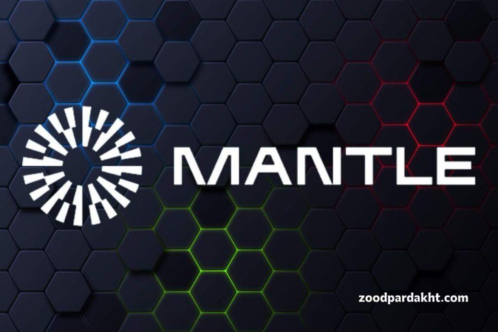 زودپرداخت-zoodpardakht/لوگوی رسمی شبکه بلاکچینی منتل (Mantle) با پس‌زمینه شش‌ضلعی تیره و نورپردازی آبی، سبز و قرمز