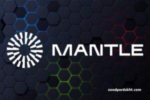 زودپرداخت-zoodpardakht/لوگوی رسمی شبکه بلاکچینی منتل (Mantle) با پس‌زمینه شش‌ضلعی تیره و نورپردازی آبی، سبز و قرمز