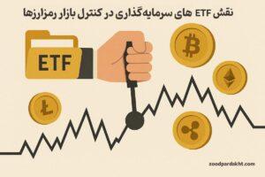 زودپرداخت-zoodpardakht/نمودار تأثیر ETF بر بازار رمزارزها با نمادهایی از بیت‌کوین، اتریوم، لایت‌کوین و ریپل