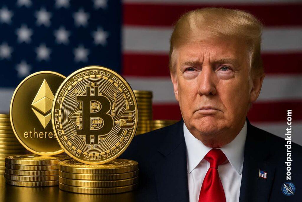 زودپرداخت-zoodpardakht/تصویری مفهومی از ترامپ در کنار بیت‌کوین و اتریوم با پرچم آمریکا در پس‌زمینه