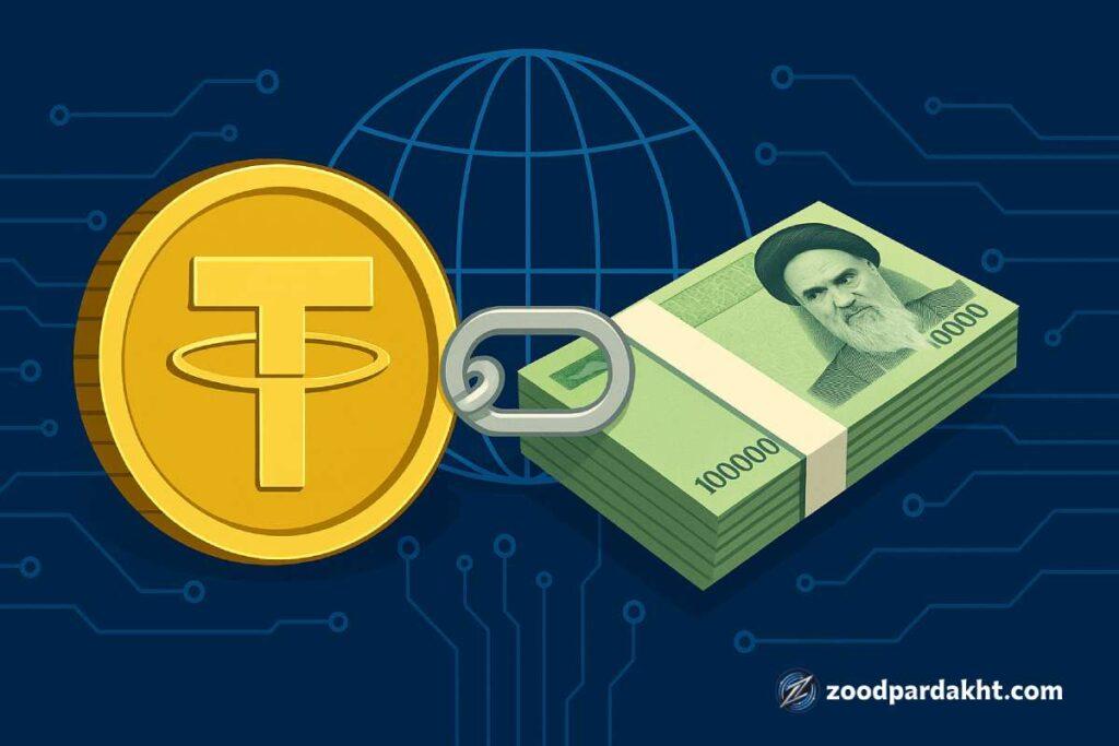 زودپرداخت-zoodpardakht/تصویر مفهومی تتر و ریال به‌عنوان پلی میان پول سنتی و رمزارزها