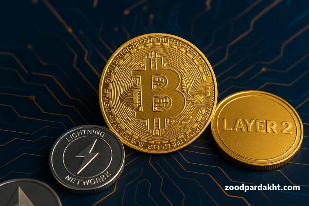 زودپرداخت-zoodpardakht/سکه‌های بیت‌کوین و لایتنینگ نتورک با پس‌زمینه دیجیتالی آبی