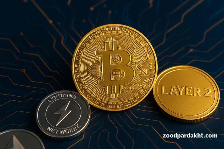زودپرداخت-zoodpardakht/سکههای بیتکوین و لایتنینگ نتورک با پسزمینه دیجیتالی آبی