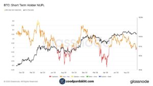 زودپرداخت-zoodpardakht/نمودار شاخص سود و زیان تحقق‌نیافته هولدرهای کوتاه‌مدت بیت‌کوین (STH-NUPL) در سال ۲۰۲۴–۲۰۲۵ همراه با قیمت BTC