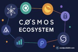 زودپرداخت-zoodpardakht/تصویر دیجیتال مدرن از اکوسیستم کازماس (Cosmos Ecosystem) با نماد ATOM و بلاکچین‌های متصل